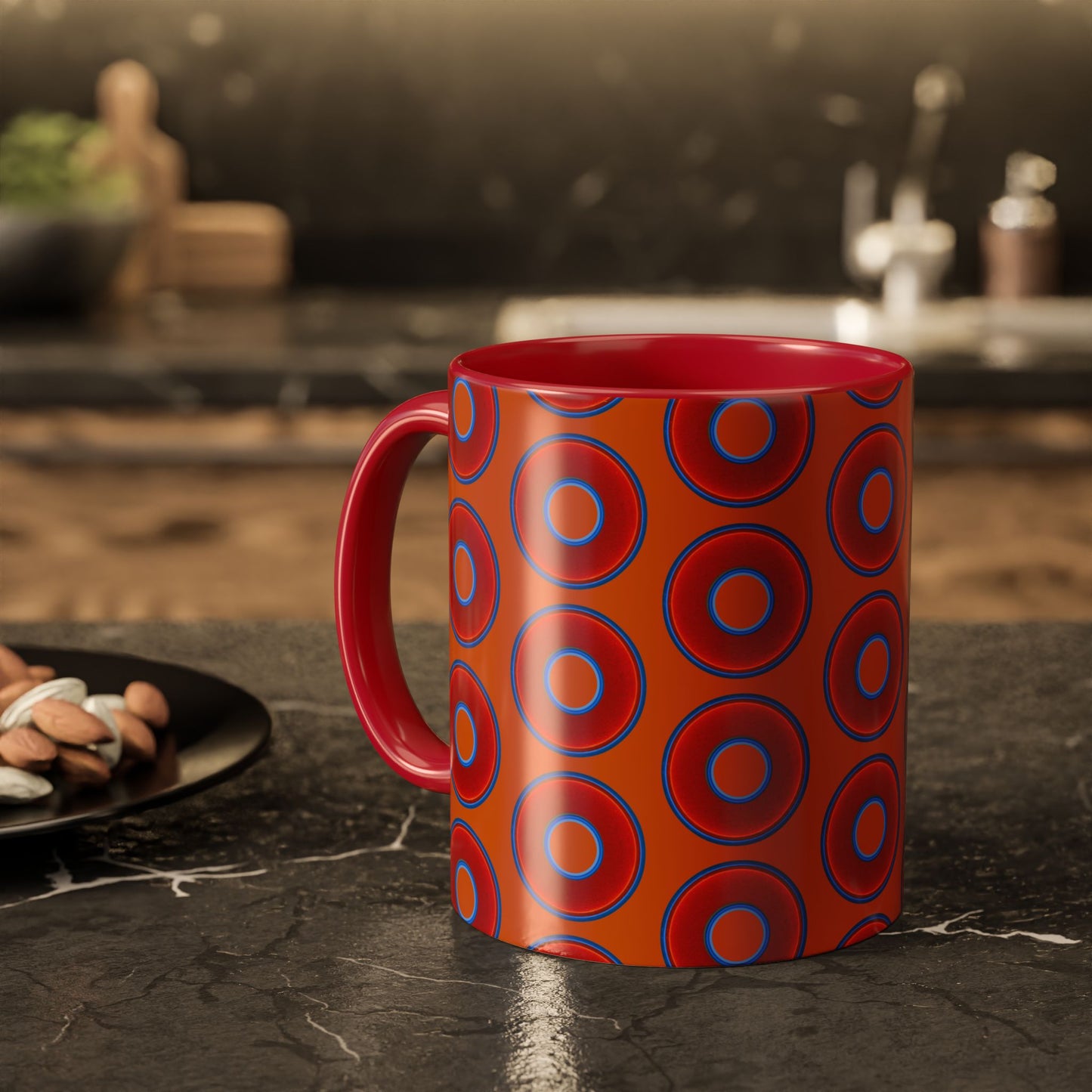 Lump's Grumpy Coffee Mug - vivid red donuts w/dark orange background