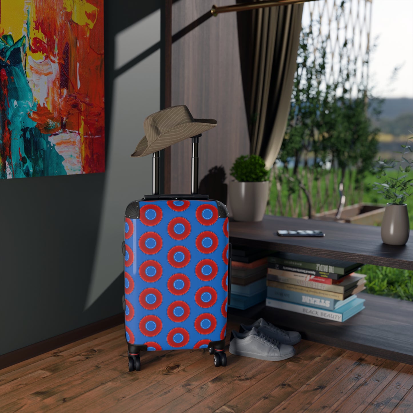 The Very Lumpy Donut Suitcase series - your choice of S, M or L - vivid red donut print w/dark royal blue background