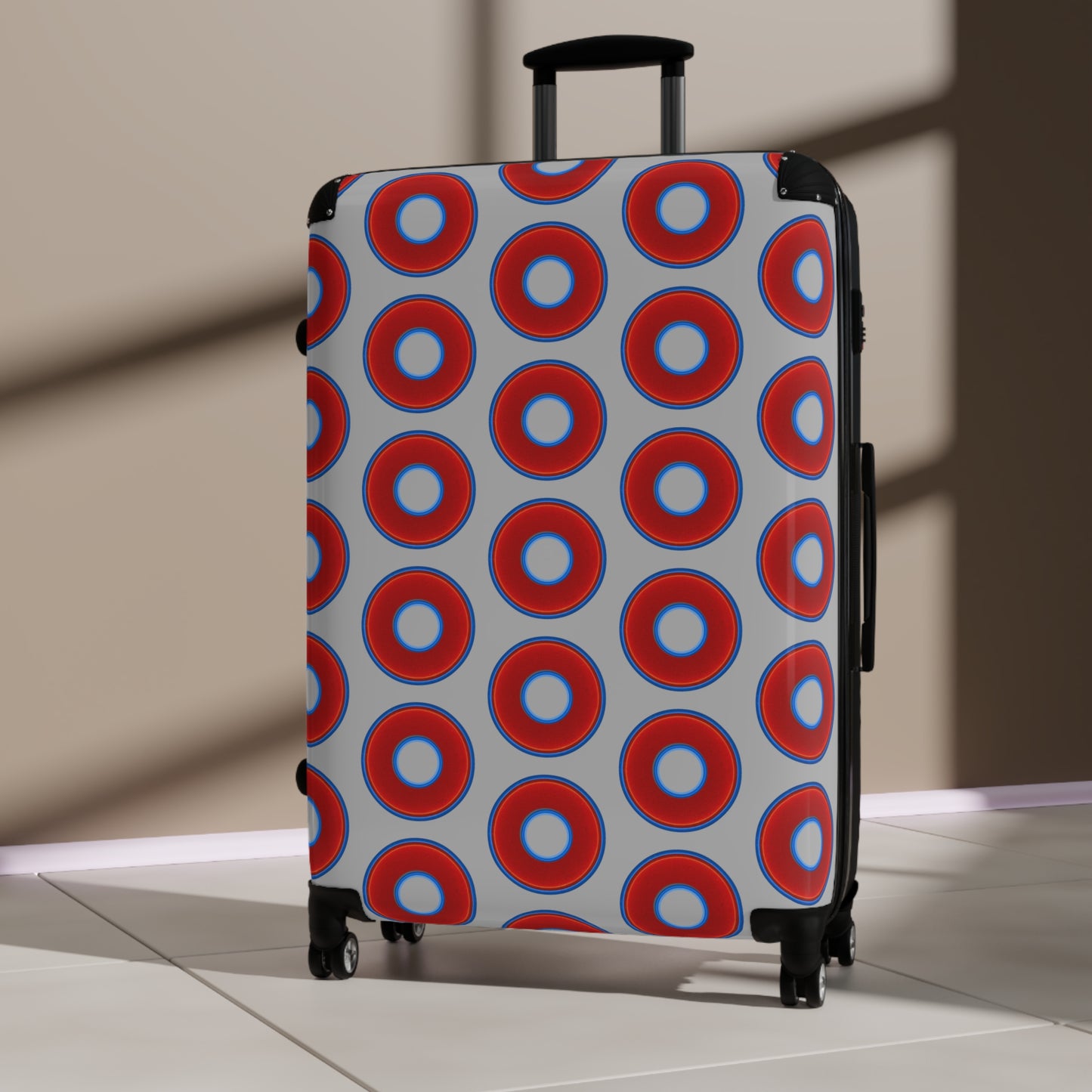 The Very Lumpy Donut Suitcase series - your choice of S, M or L - vivid red donut print w/light gray background