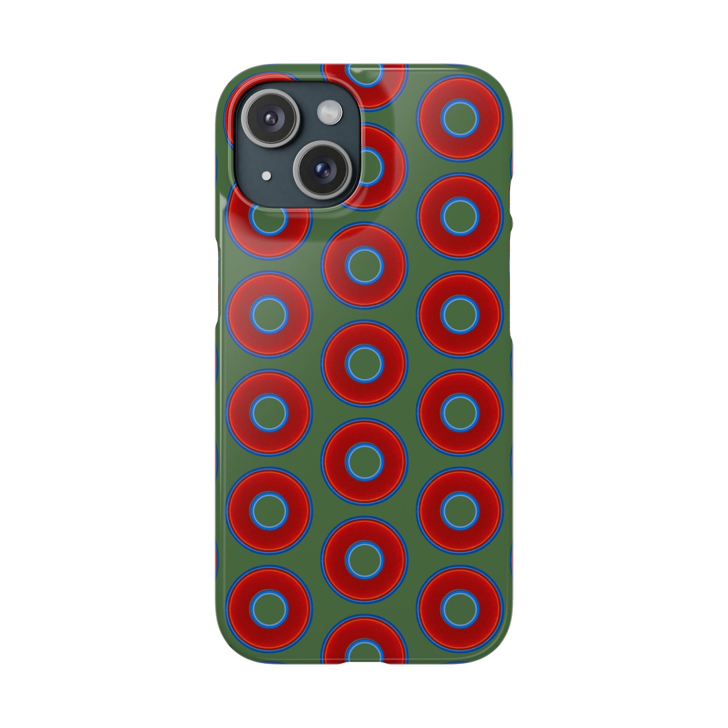 Lumpy Donut Snap Case - red vivid donut print w/dark green background