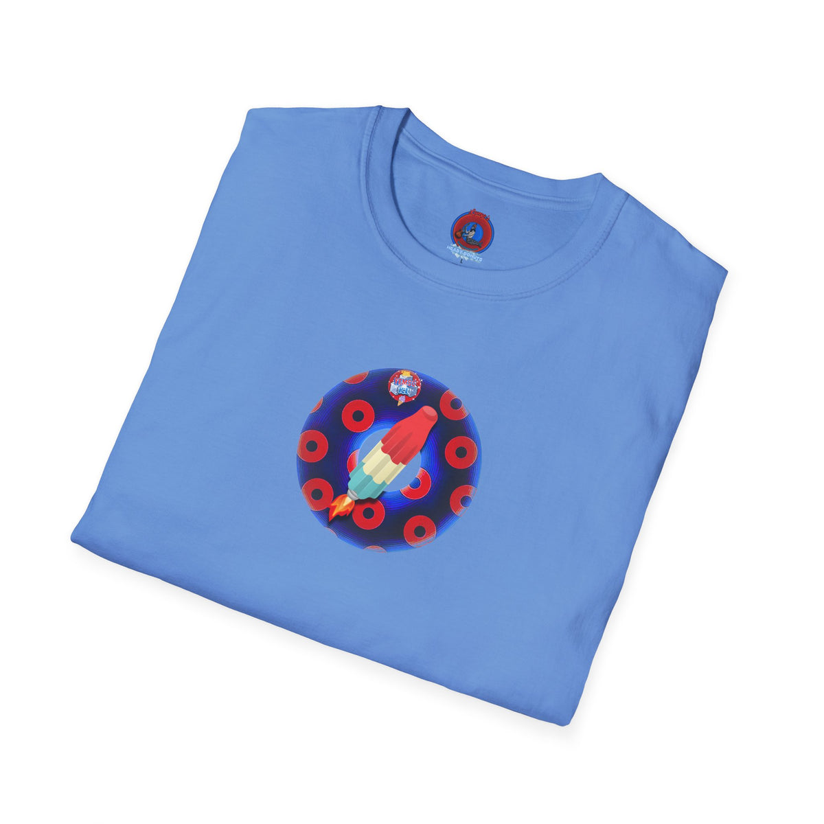Classic Donut Tee - Unisex Soft-Style - "Blow this Popsicle Stand" - blue/red paradox bomb pop donut - variant 2