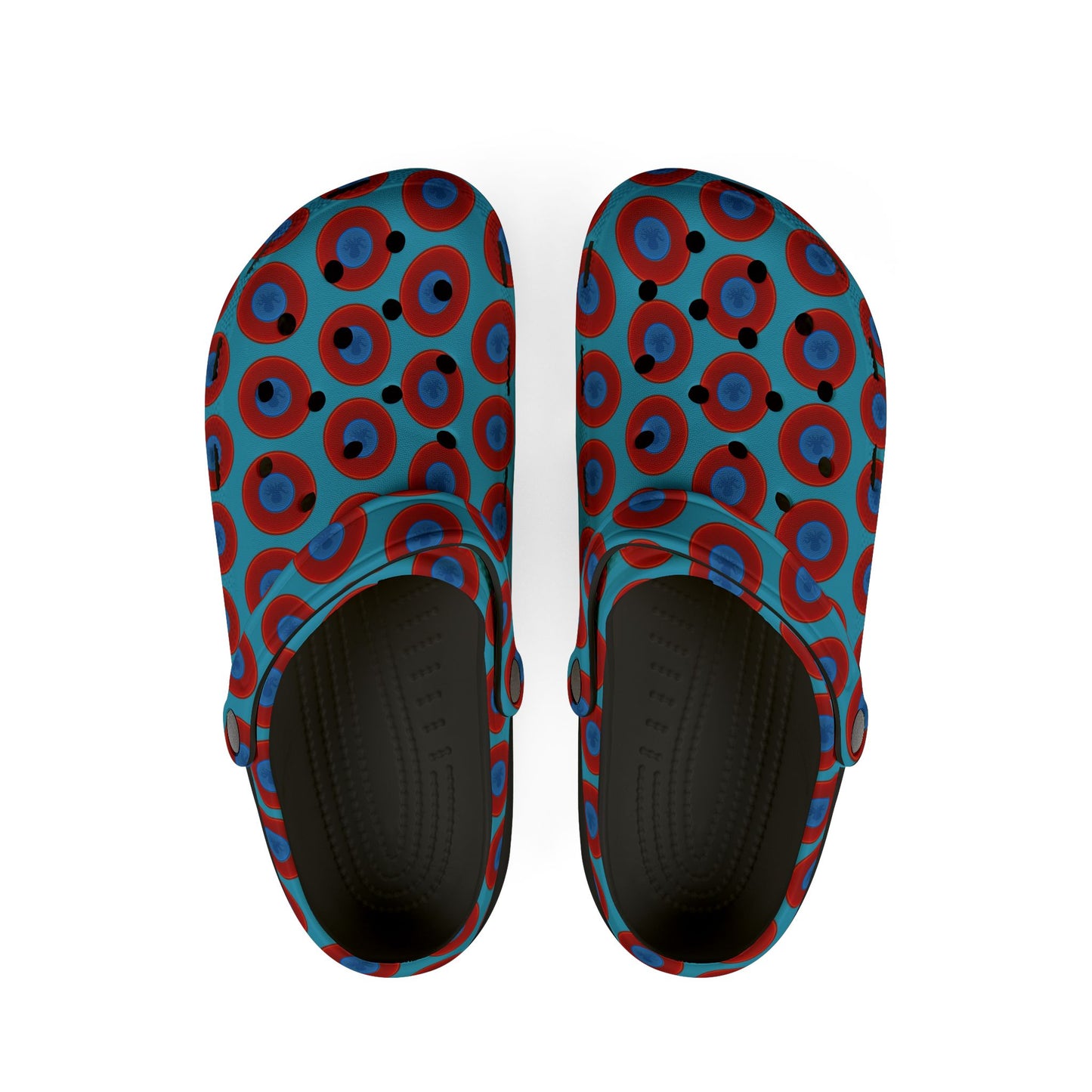 Spatchcocks - donut slip-on shoes - "Roger Moore's Octopussy Donut" - red vivid donuts w/turquoise background [unisex]