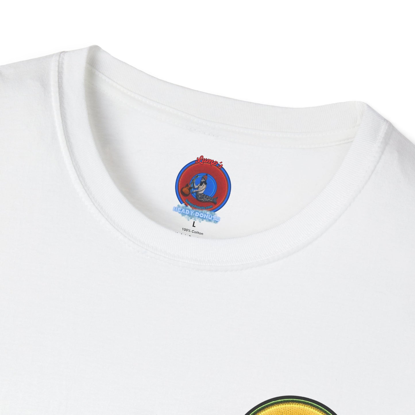 Classic Donut Tee - Unisex Soft-Style - "Limestone Donuts so Large" - variant 4 - golden donut w/garage