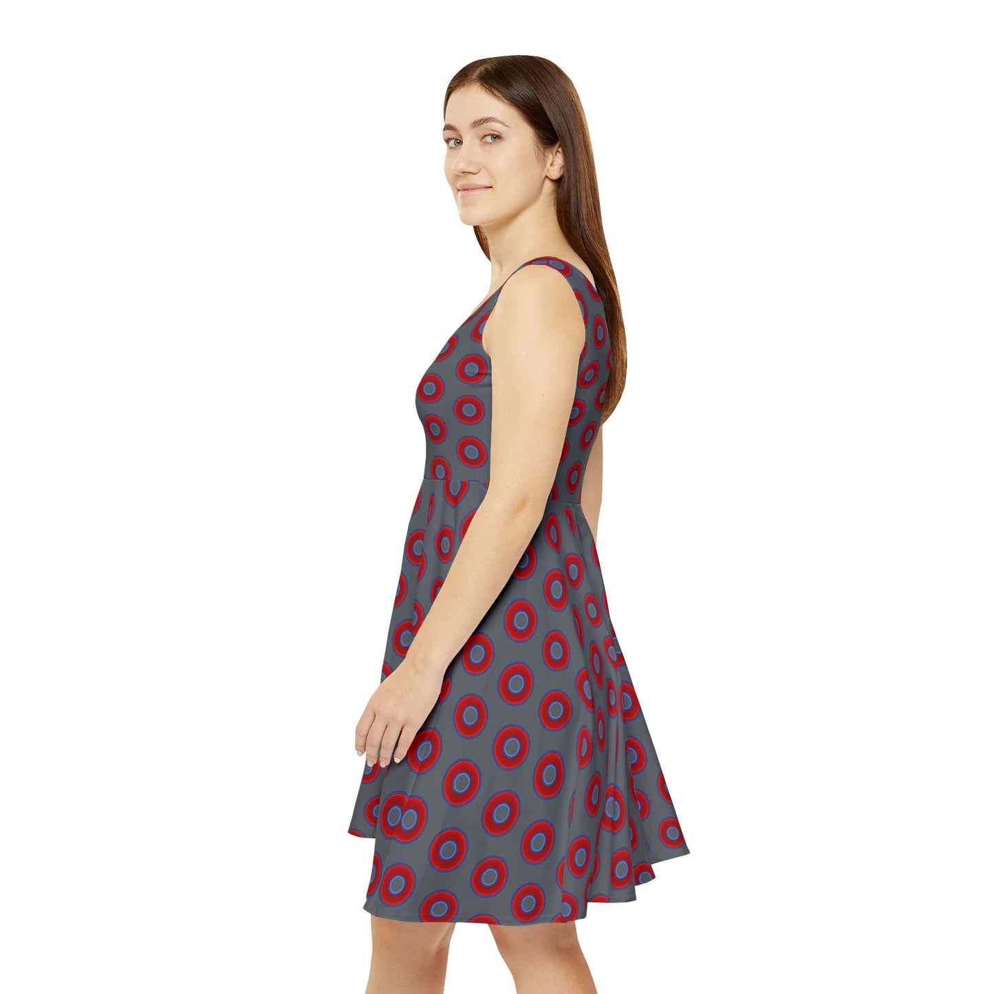 Women's Skater Donut Dress - vivid red donut print w/dark gray background