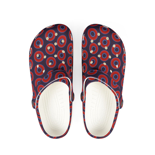 Spatchcocks - donut slip-on shoes - vivid red donuts w/midnight purple background [unisex]