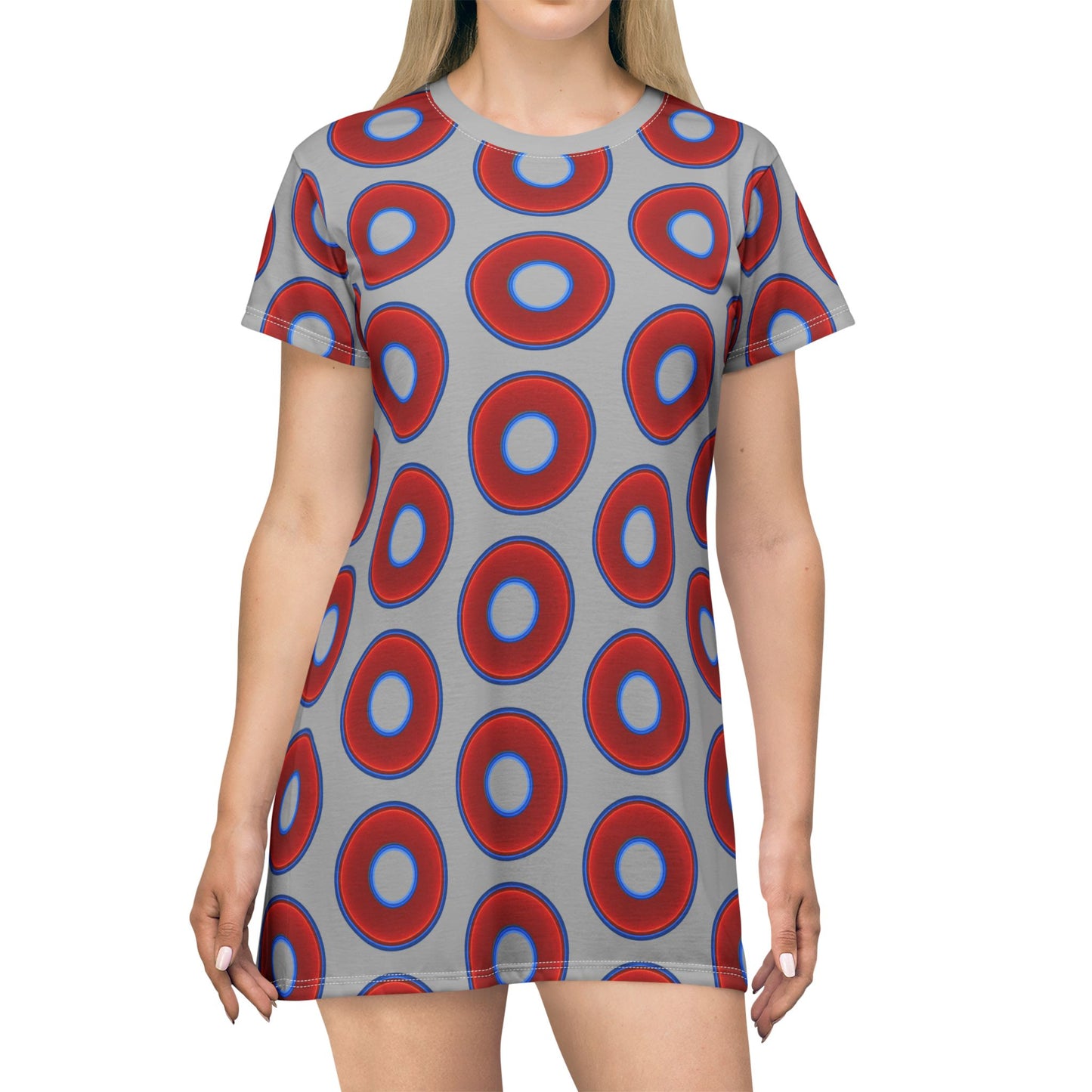 Not a Muumuu AOP Tee Shirt Dress - red vivid donuts w/lark dark gray background