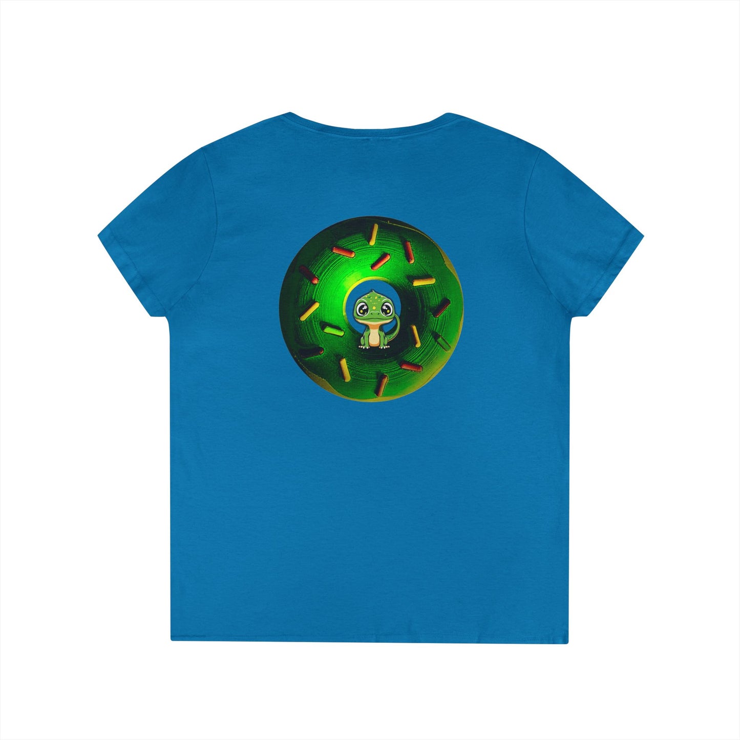 Women's Donut V-Neck Tee - "Little Baby Rutherford" - green cartoon donut w/sprinkles