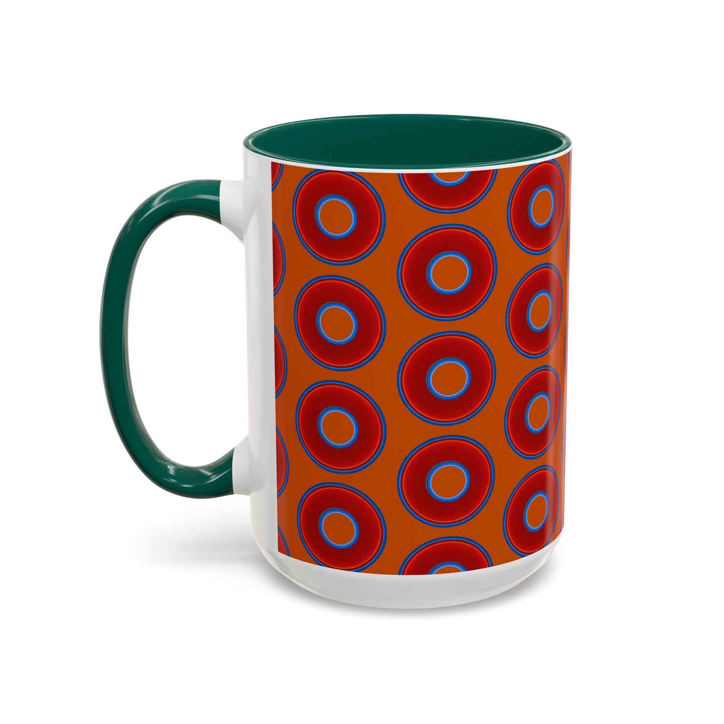 Lump's Grumpy Coffee Mug - vivid red donuts w/dark orange background
