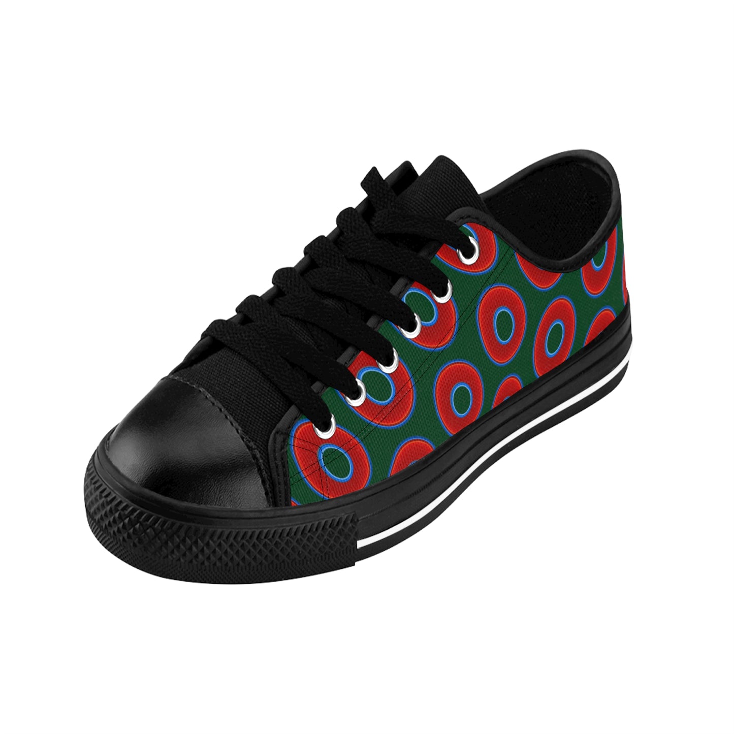 Men's Cushiony Convectors - Low Top - large red vivid donut print w/deep pond green background