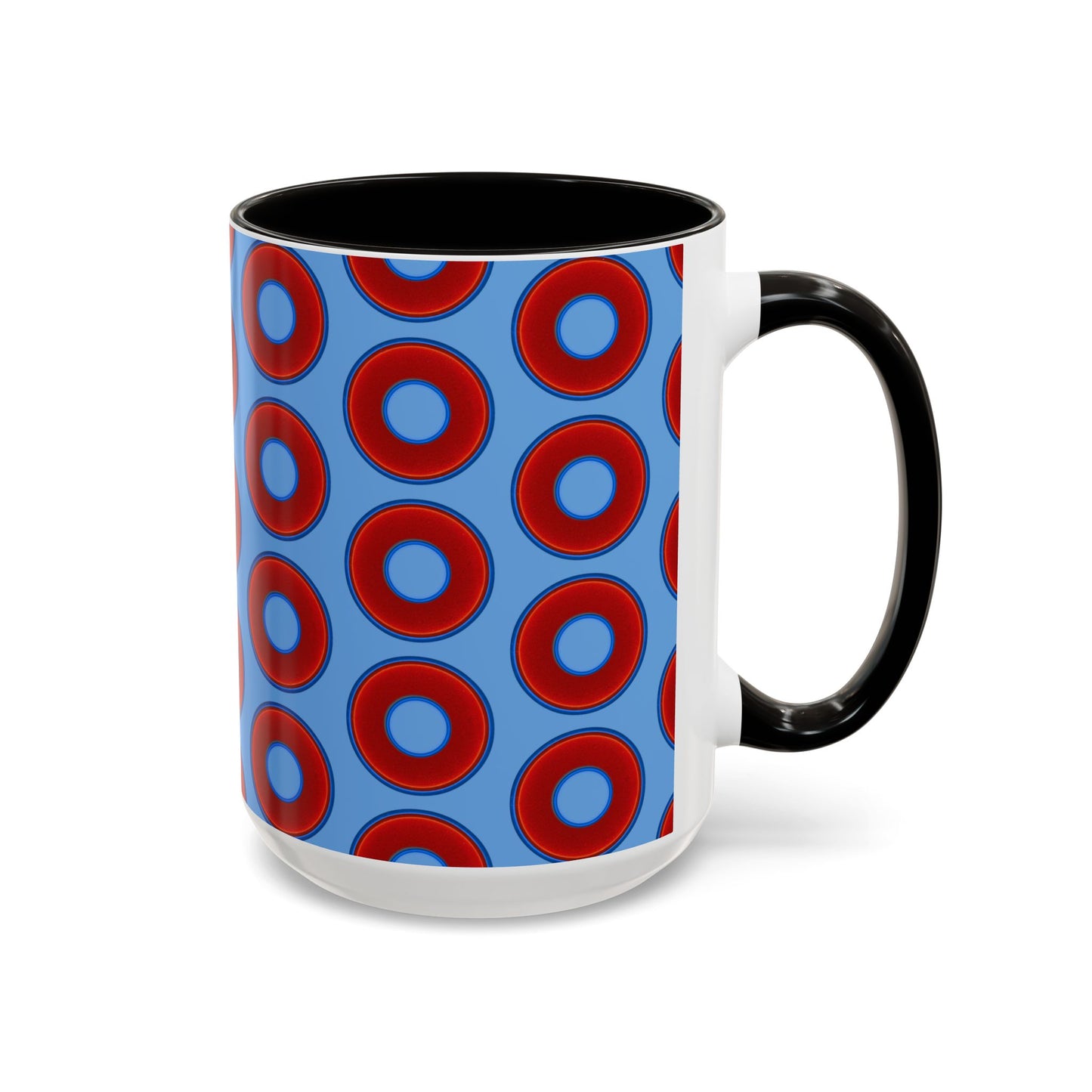 Lump's Grumpy Coffee Mug - vivid red donuts w/light blue background