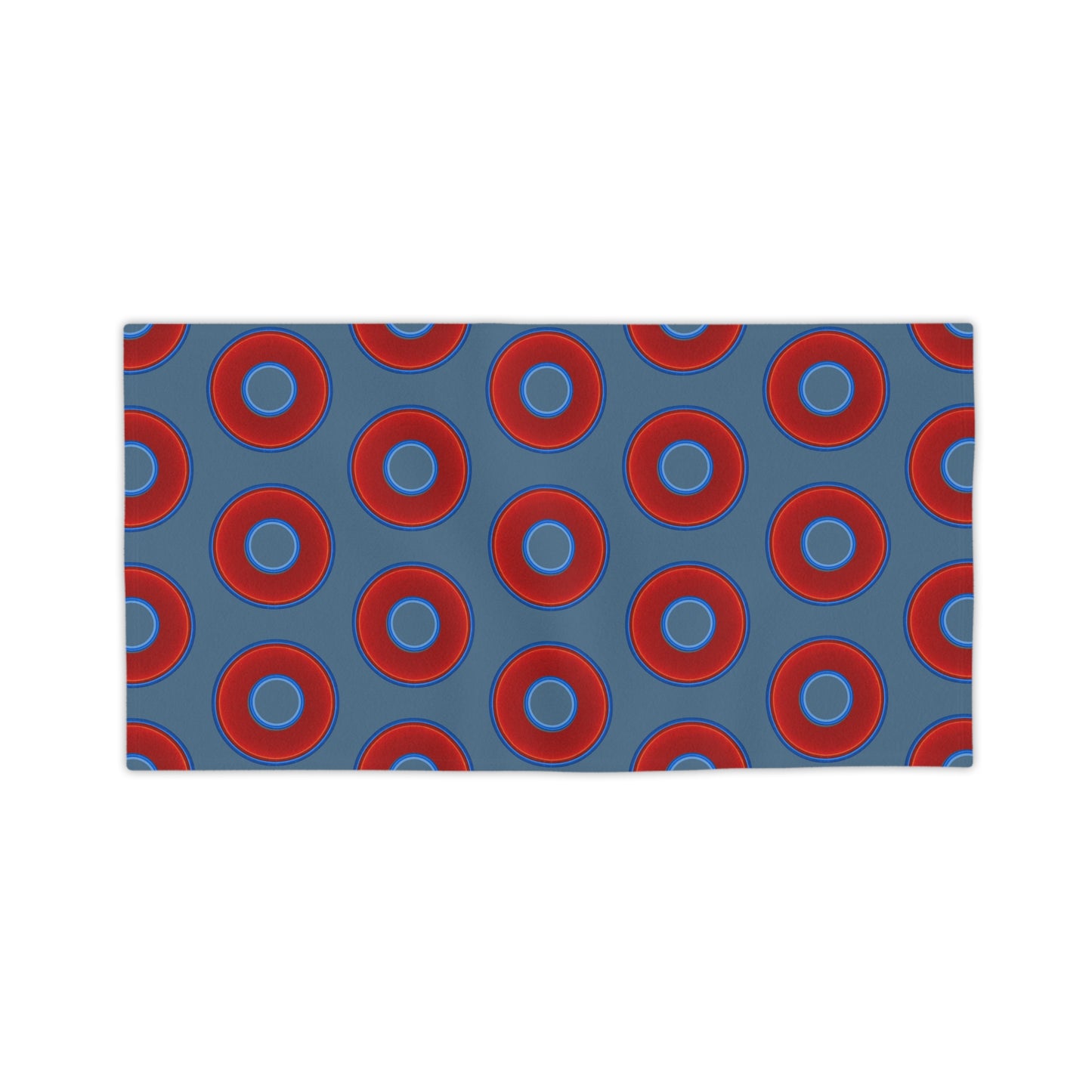 Lumpy Donut Towels - vivid red donuts w/steel blue background