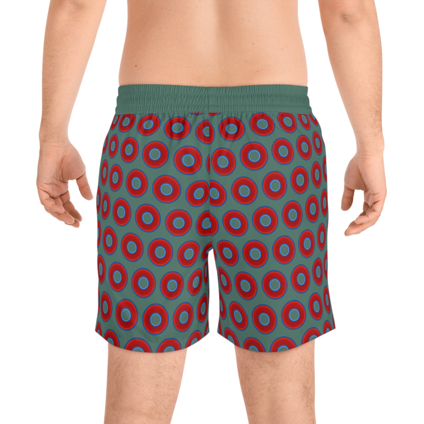 Men's Lumpy Swim Trunks - vivid red donut print w/Fenway green background