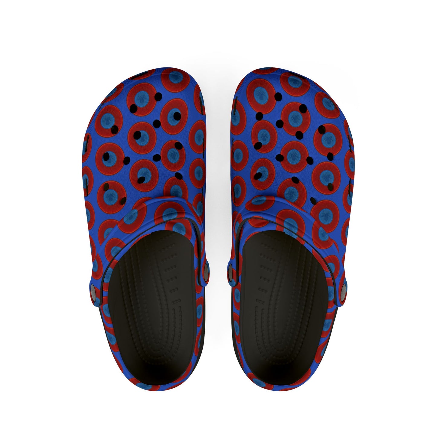 Spatchcocks - donut slip-on shoes - "Roger Moore's Octopussy Donut" - red vivid donuts w/royal blue background [unisex]