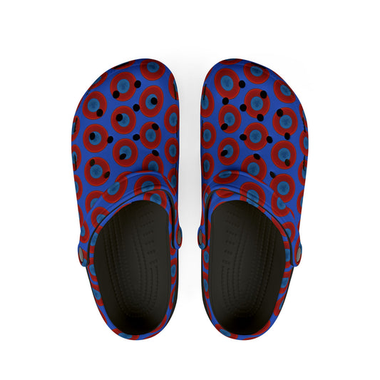 Spatchcocks - donut slip-on shoes - "Roger Moore's Octopussy Donut" - red vivid donuts w/royal blue background [unisex]