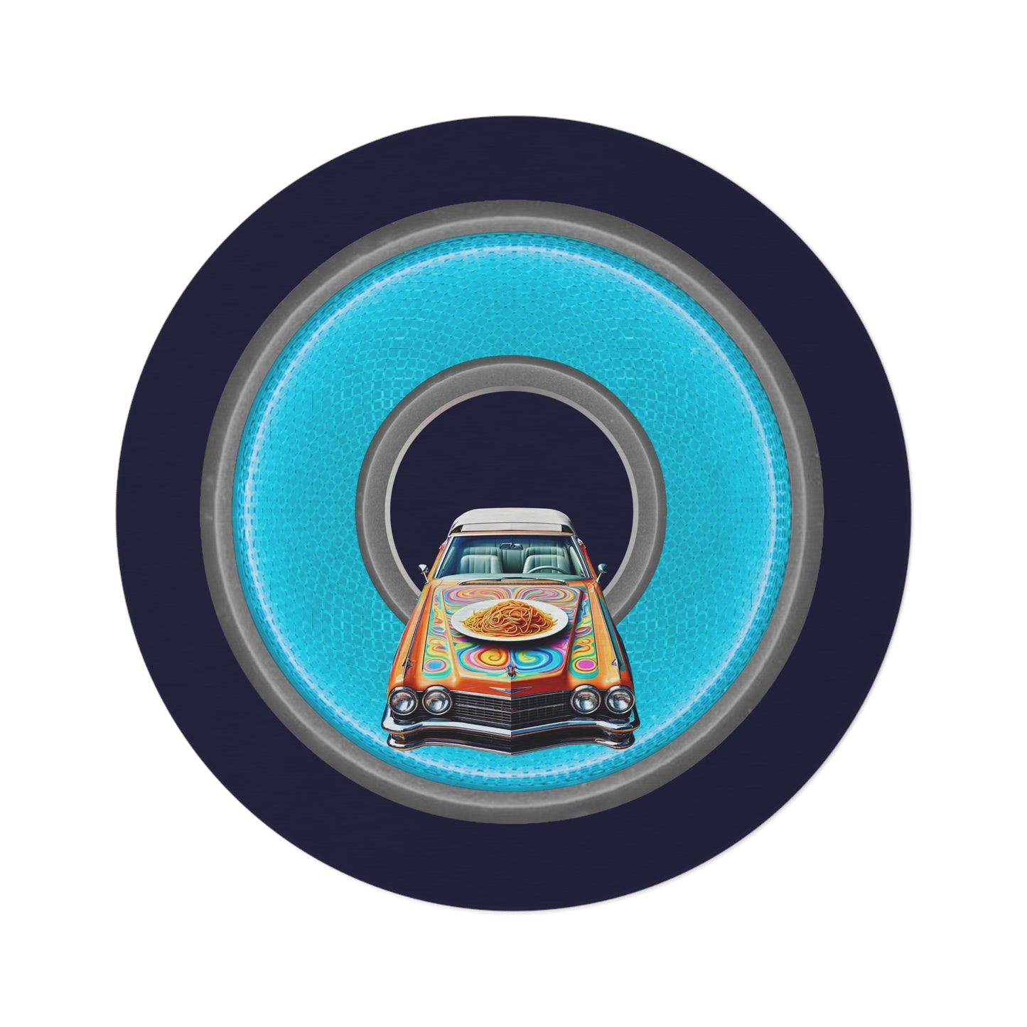 Round Room - 5 ft x 5 ft Lumpy Donut Rug - "Caddy Spaghetti Incident Donut Rug" - rustic light blue/gray donut w/dark navy background - variant 2