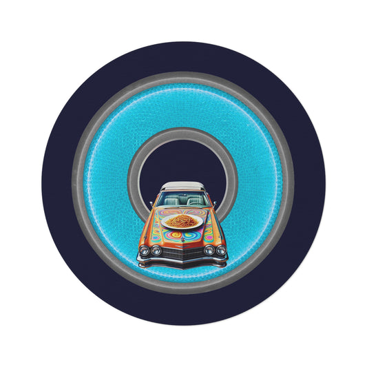 Round Room - 5 ft x 5 ft Lumpy Donut Rug - "Caddy Spaghetti Incident Donut Rug" - rustic light blue/gray donut w/dark navy background - variant 2