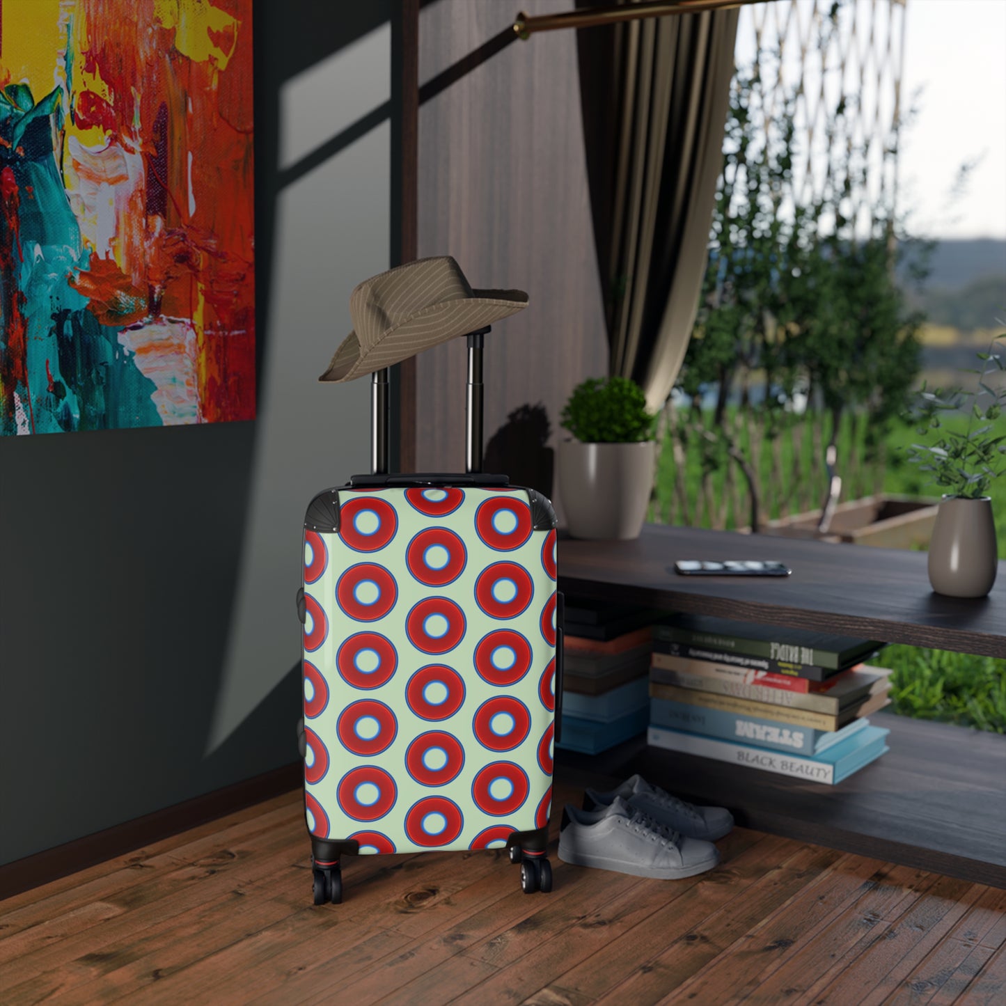 The Very Lumpy Donut Suitcase series - your choice of S, M or L - vivid red donut print w/seafoam background