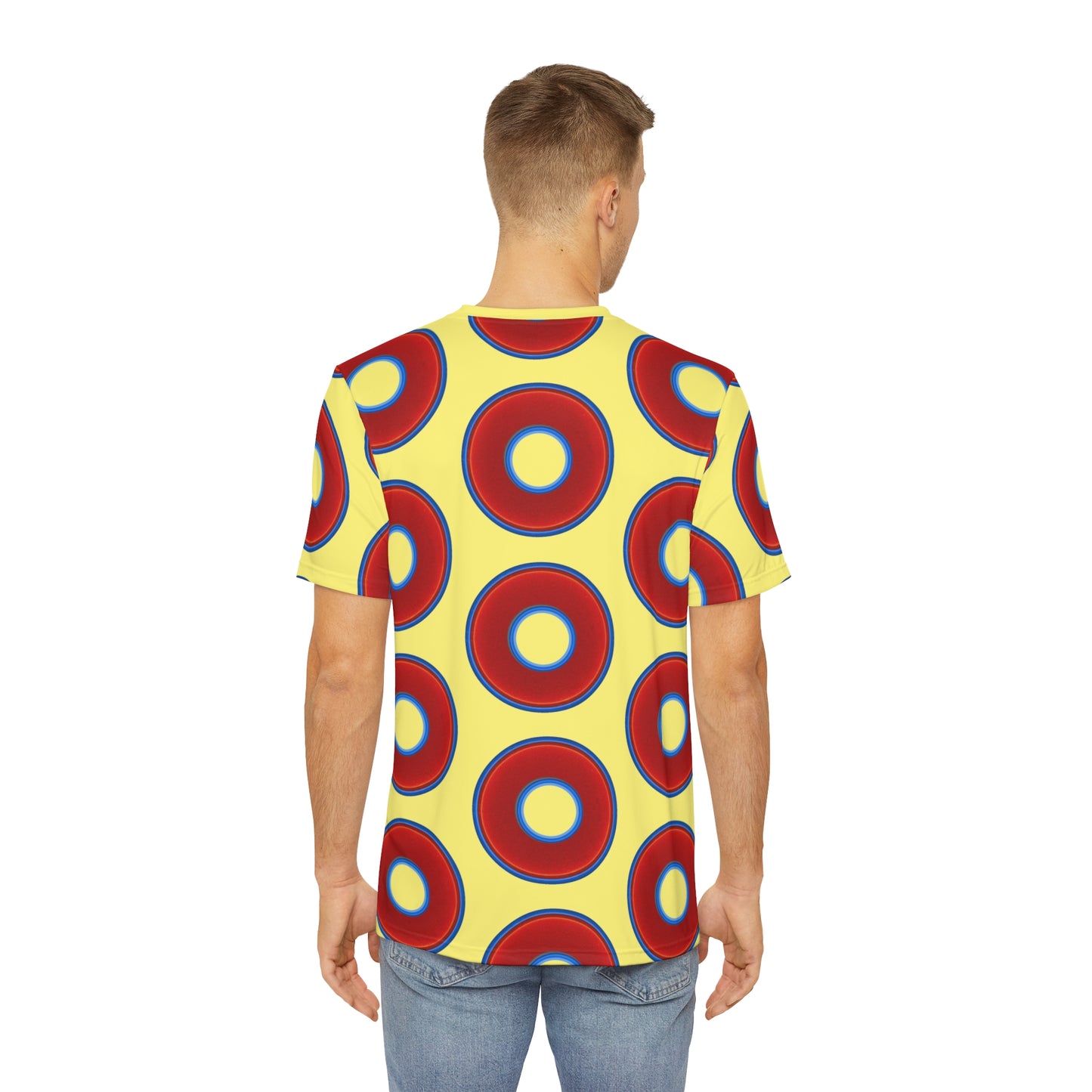 Multi-Beastie Giant Donut AOP Polyester Tee - red vivid donut print w/yellow background