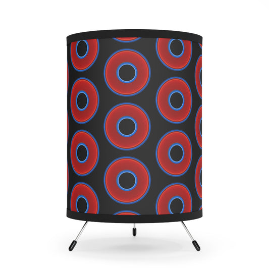 Lumpy Tripod Donut Lamp - vivid red donuts w/black background