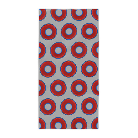 Lumpy Donut Towels - vivid red donuts w/light gray background