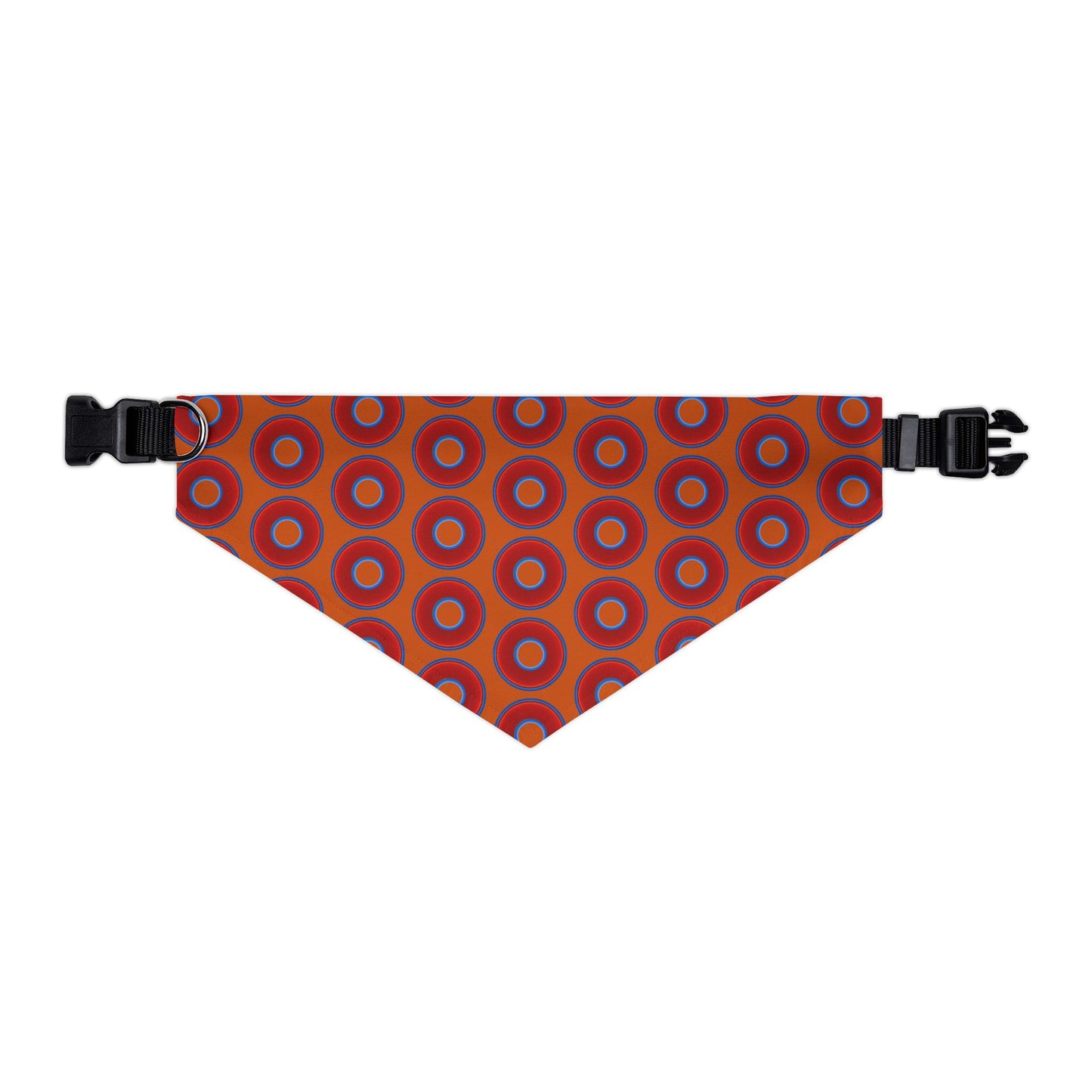 Jim's Lumpy Bandana Pet Collar - vivid red donuts w/dark orange backgound