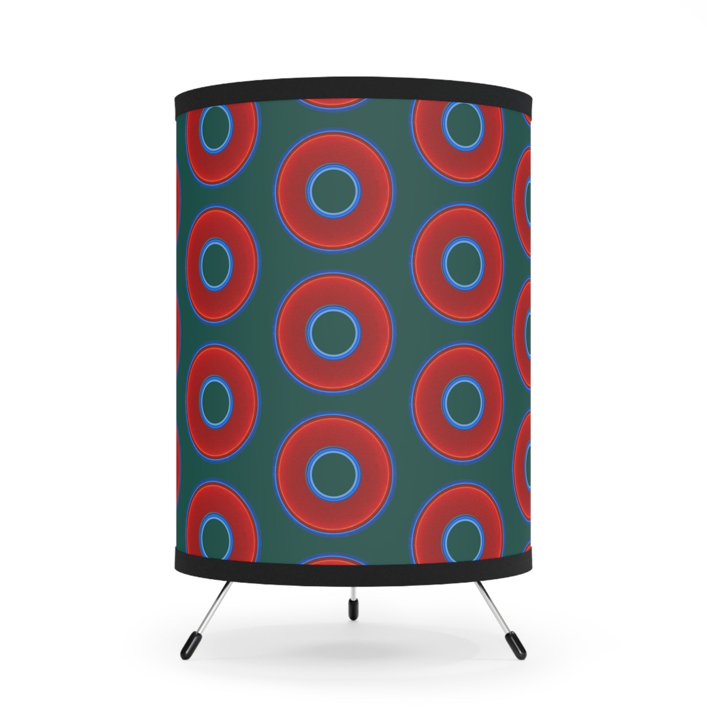 Lumpy Tripod Donut Lamp - vivid red donuts w/dark Fenway green background
