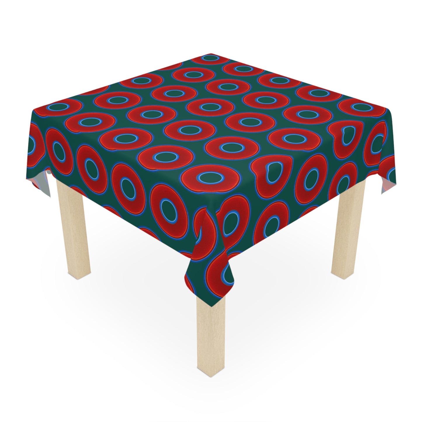 Lumpy Tablecloth - 55.1" x 55.1" - vivid red donuts w/dark Fenway green background