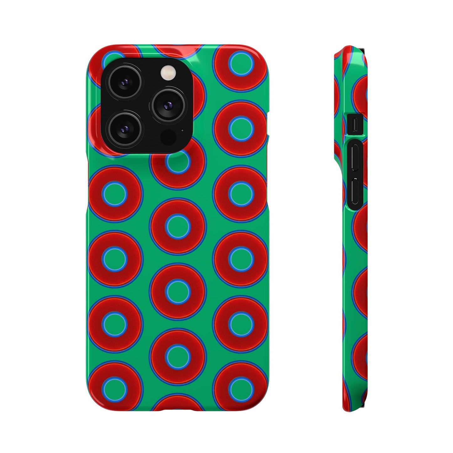 Lumpy Donut Snap Case - red vivid donut print w/jade green background