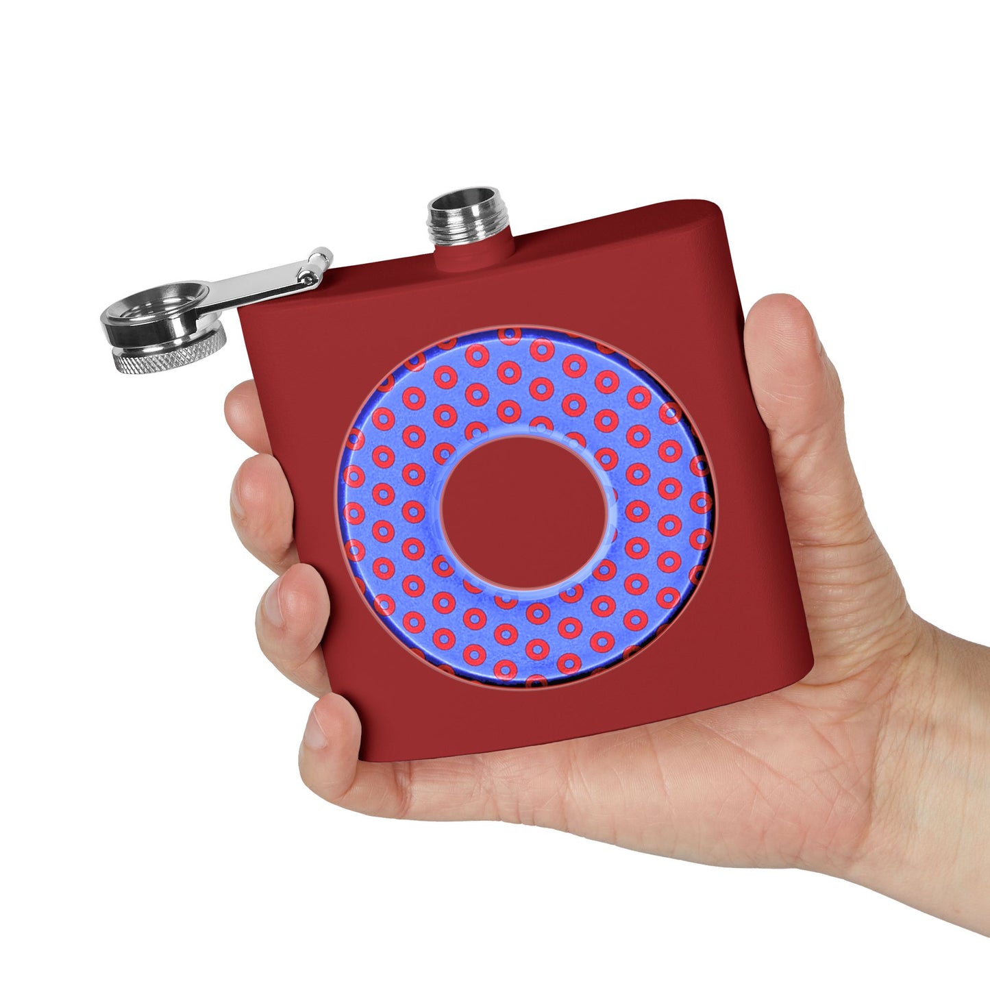 Lump's Donut Flask 6 oz -  Light Blue/Red Electric Paradox Donut - [*w/your choice of 5 backgrounds]