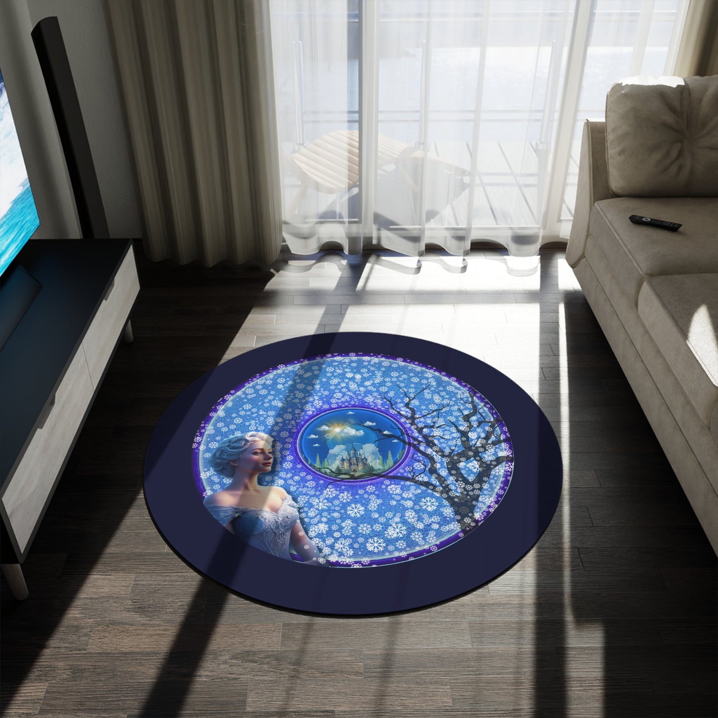 Round Room - 5 ft x 5 ft Lumpy Donut Rug - "Donut Rug Locked in Glaciers" - vivid blue/purple donut w/dark navy background
