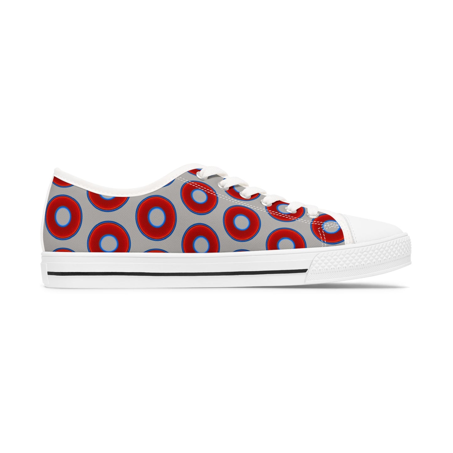 Women's - Low Top Chuck Taylors - large vivid red donut print w/light gray background
