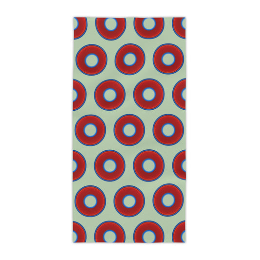 Lumpy Donut Towels - vivid red donuts w/seafoam background