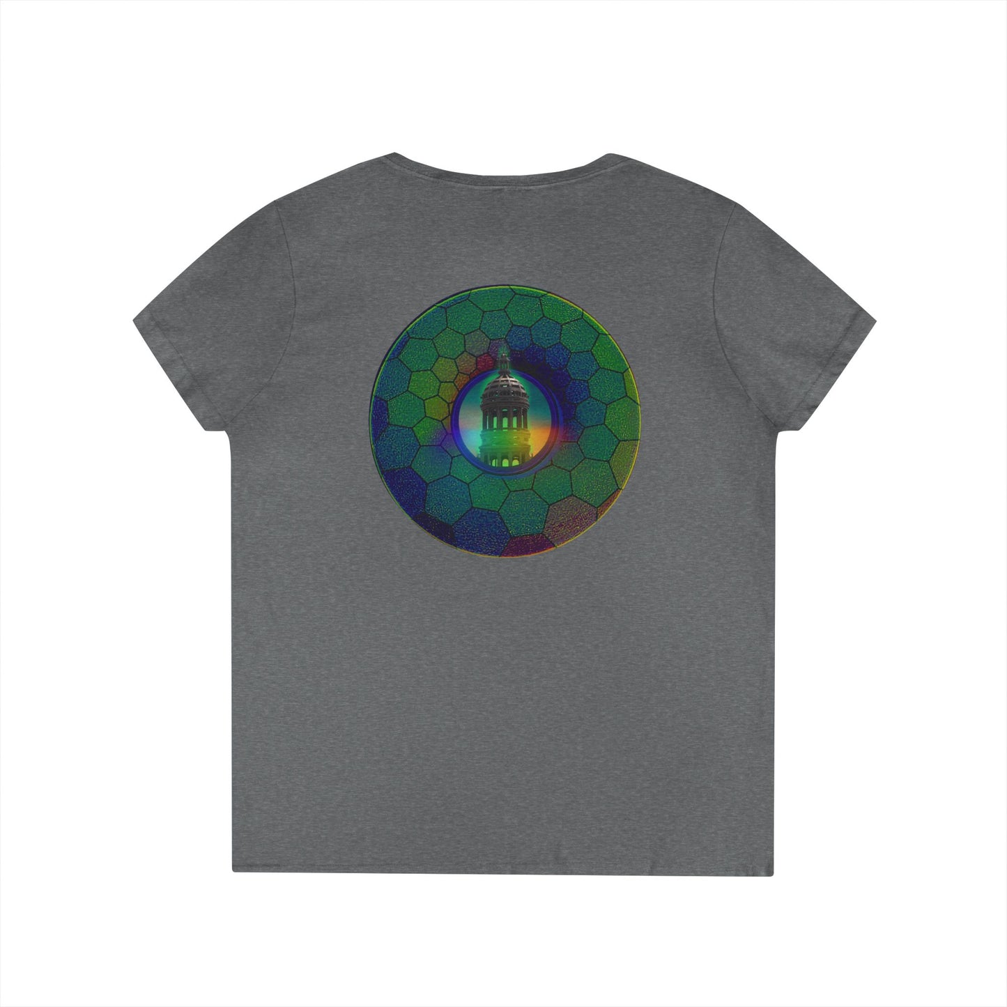 Women's Donut V-Neck Tee - "Save the Mondegreen City Hall Clock Tower" - variant 1 - green hexadonut w/