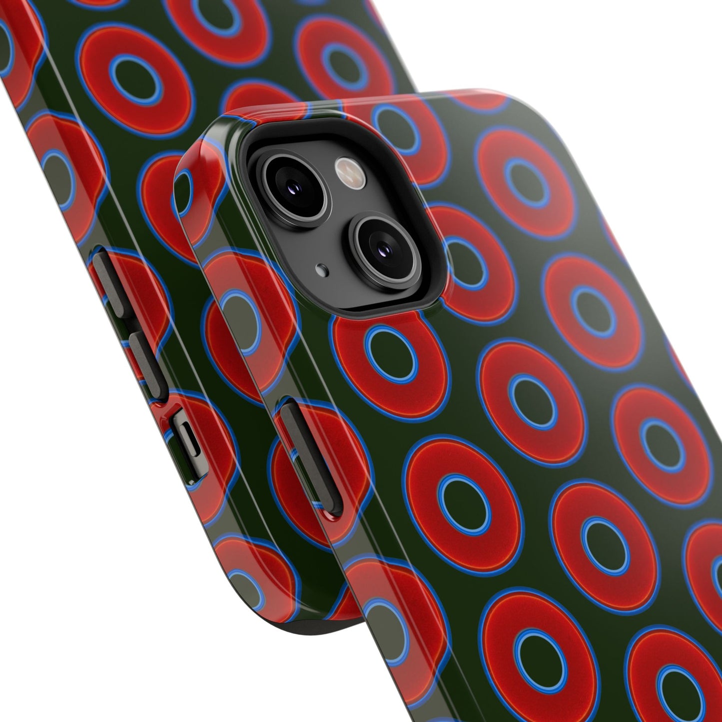 Impact-Resistant Lumpy Donut Case - red vivid donut print w/deep forest green background