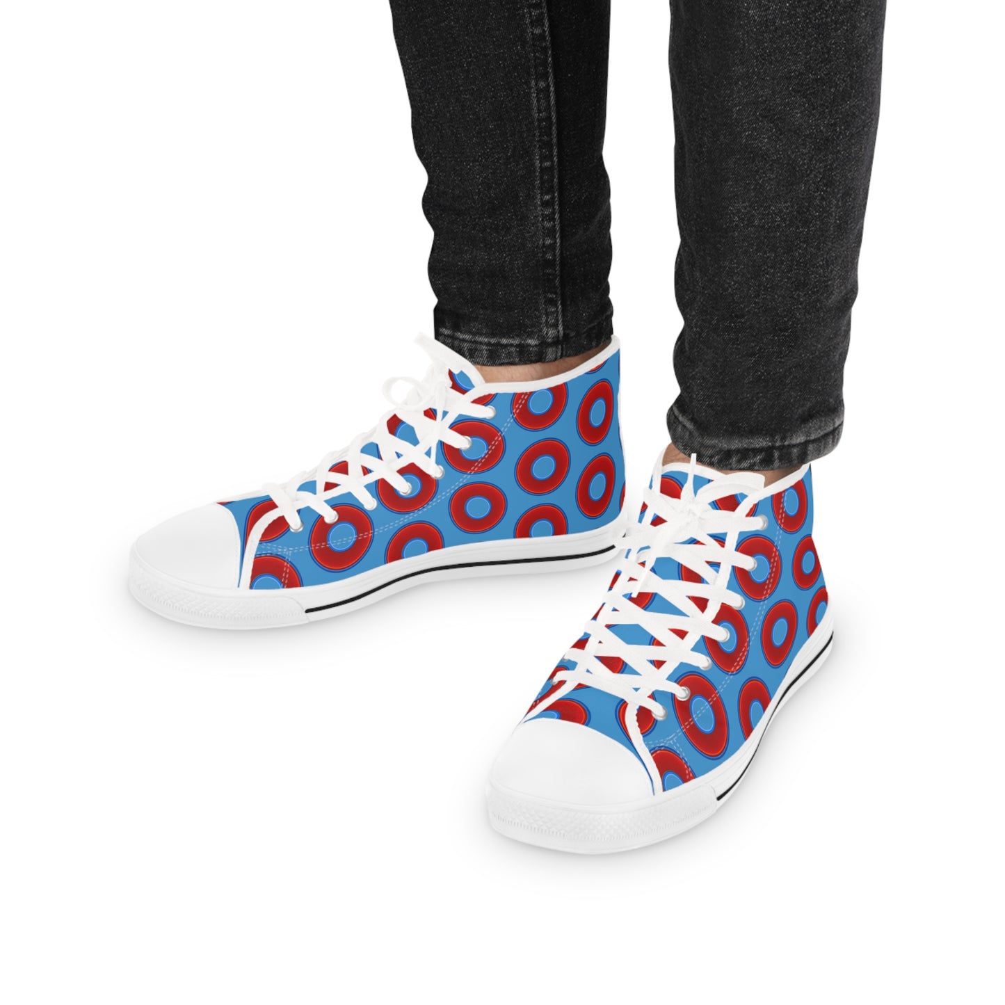 Men's High Top Chucks - large vivid red donut print w/light steel blue background