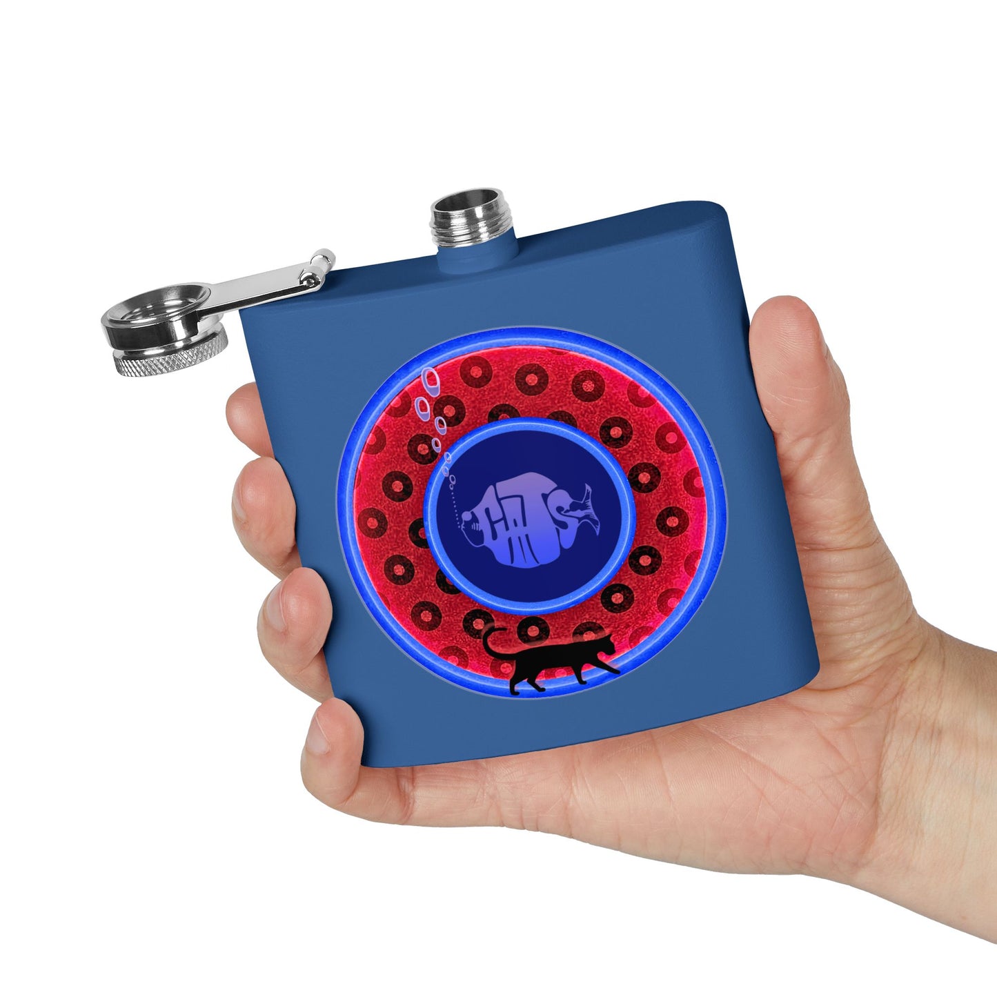 Lump's Donut Flask 6 oz -  red/blue widemouthed paradox donut - [*w/your choice of 6 backgrounds]