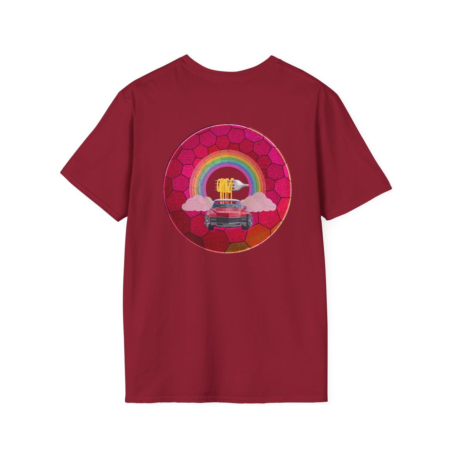 Classic Donut Tee - Unisex Soft-Style - "Cadillac Rainbows Donut Tee" - variant 1 - magenta hexadonut w/red caddy