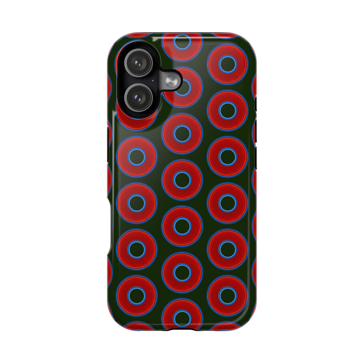 Impact-Resistant Lumpy Donut Case - red vivid donut print w/deep forest green background