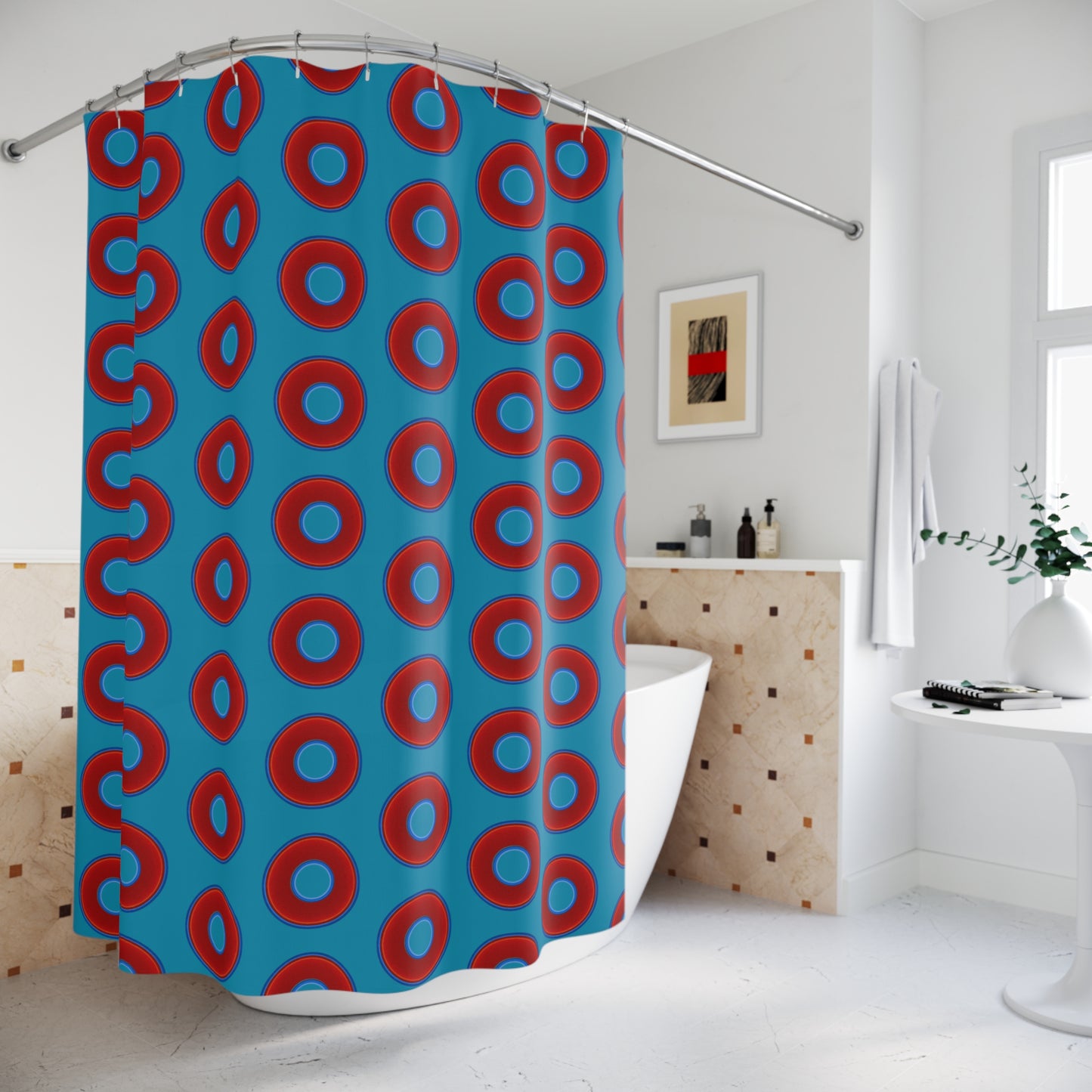The Curtain With "Donuts" - Lumpy Bath Time Fun - vivid red donuts w/aquamarine background