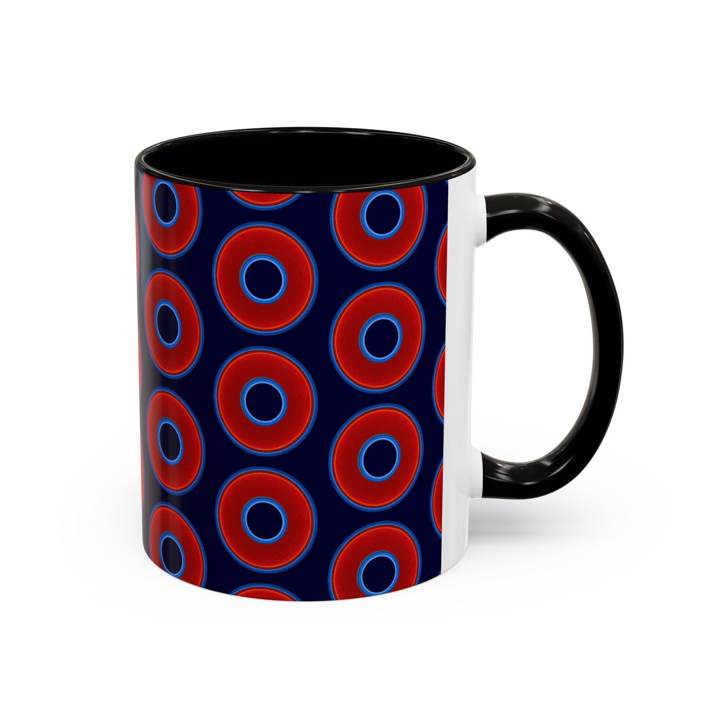 Lump's Grumpy Coffee Mug - vivid red donuts w/midnight blue background