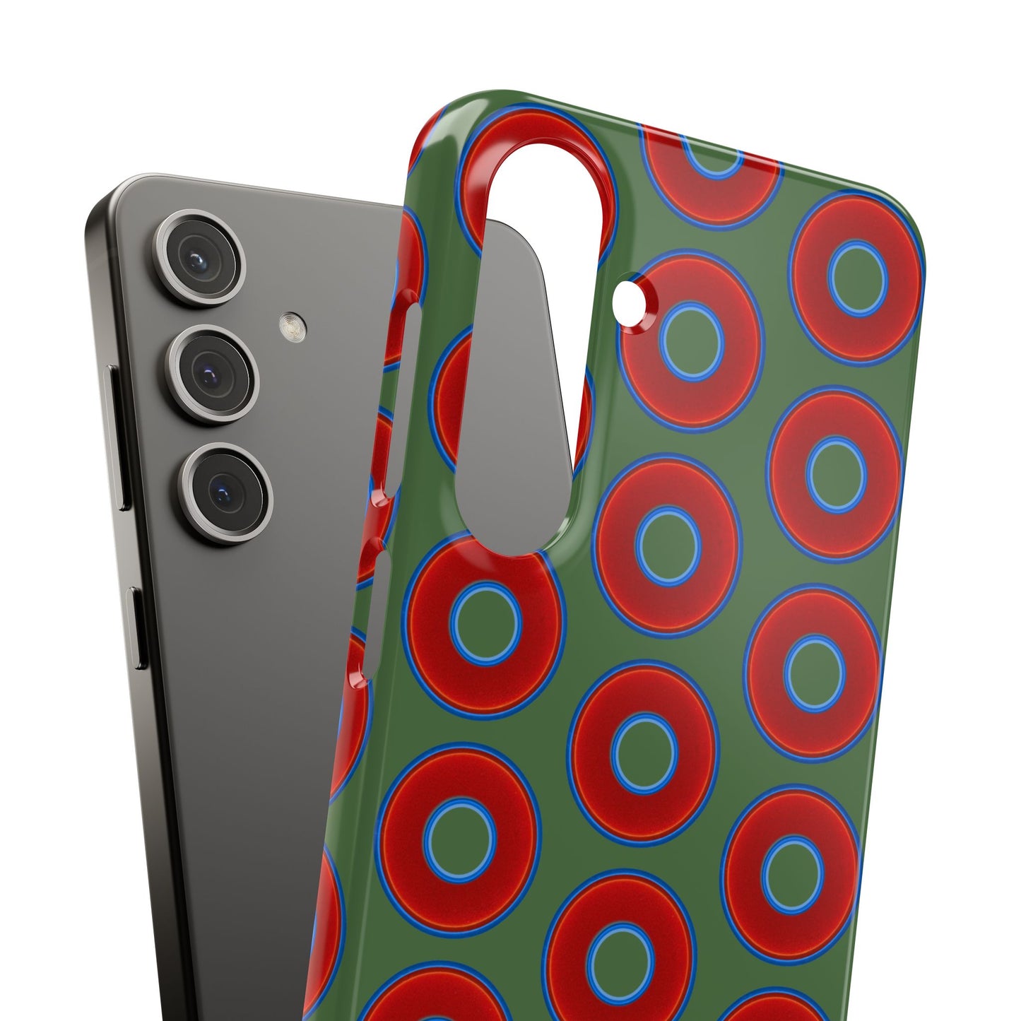 Lumpy Donut Snap Case - red vivid donut print w/dark green background