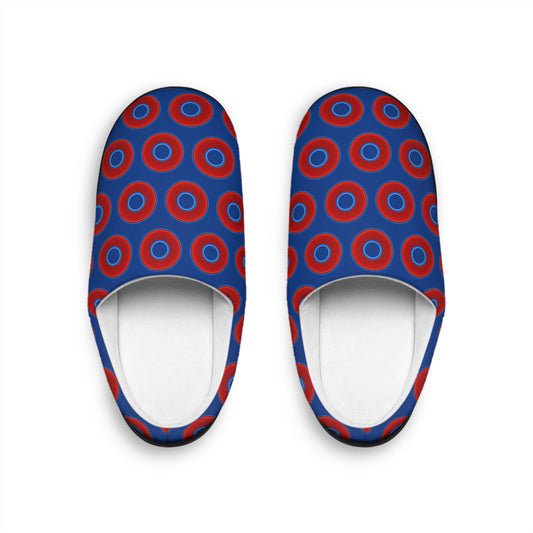 Men's Lumpy Slippers - red vivid donut print w/dark blue background