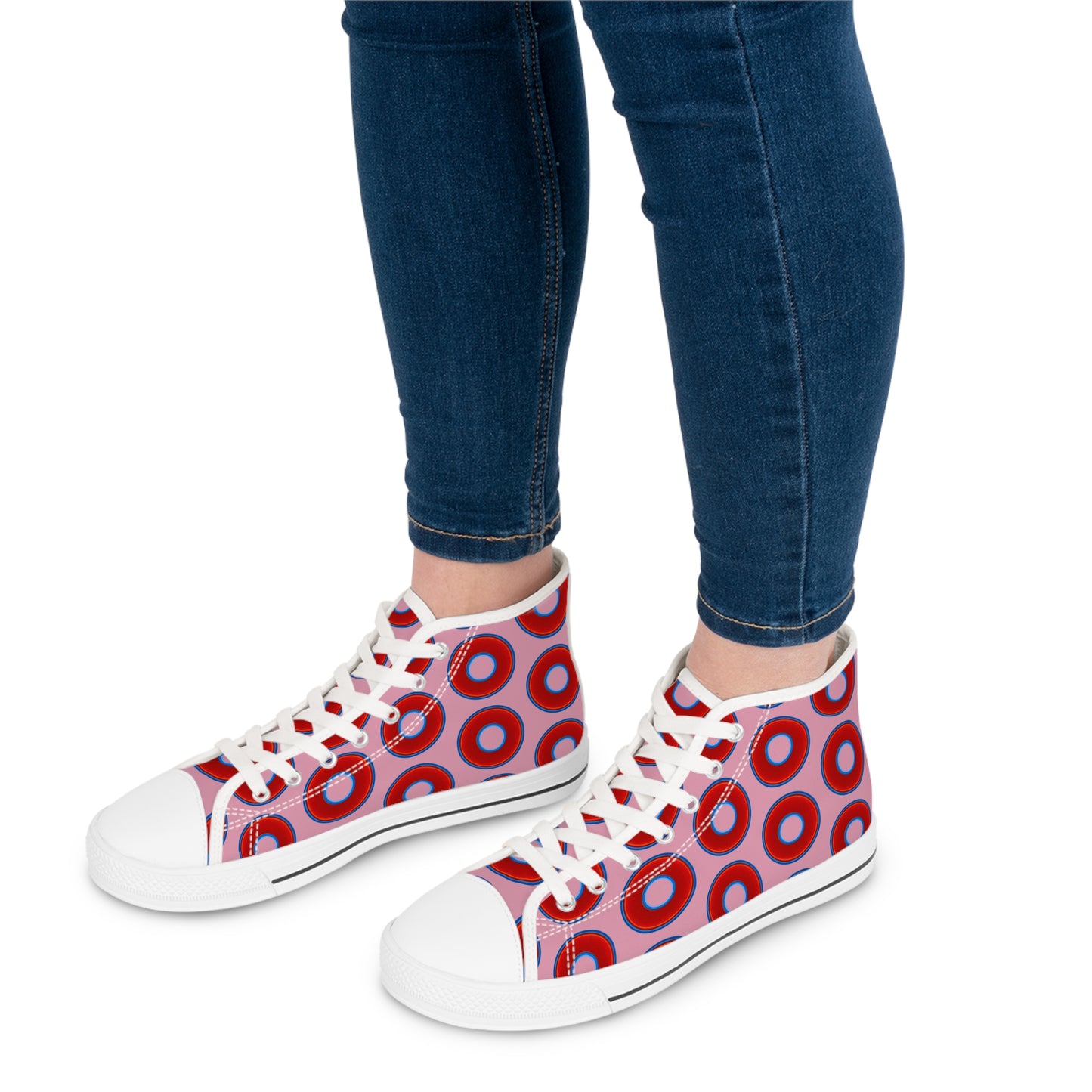 Women's High Top Chuck Taylors - large vivid red donut print w/pale magenta background
