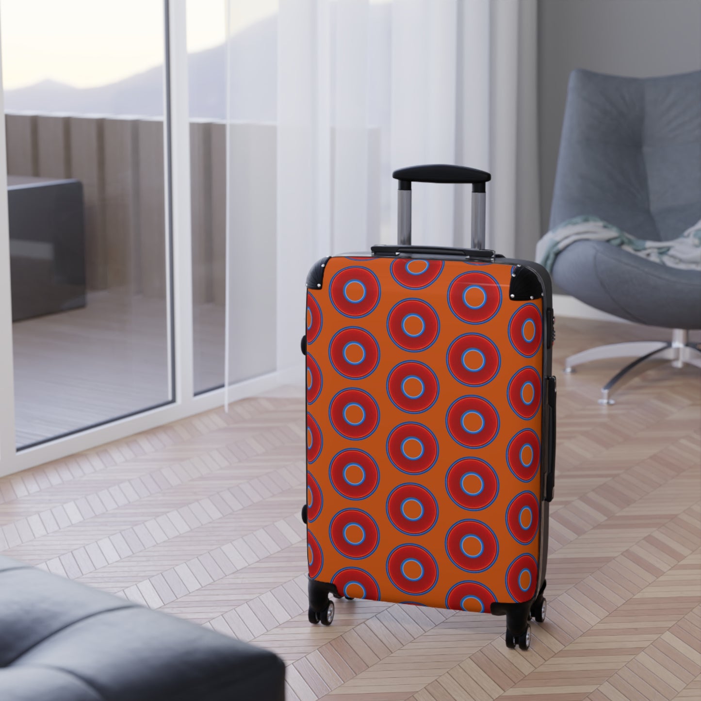 The Very Lumpy Donut Suitcase series - your choice of S, M or L - vivid red donut print w/dark orange background