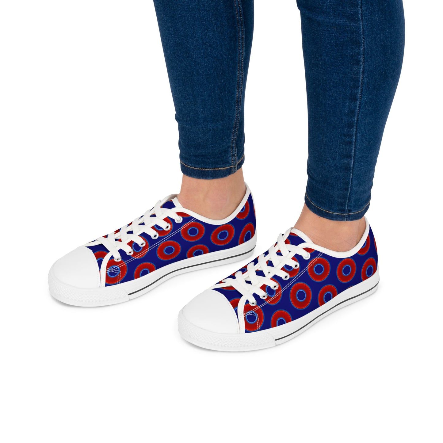 Women's - Low Top Chuck Taylors - large vivid red donut print w/vivid navy blue background