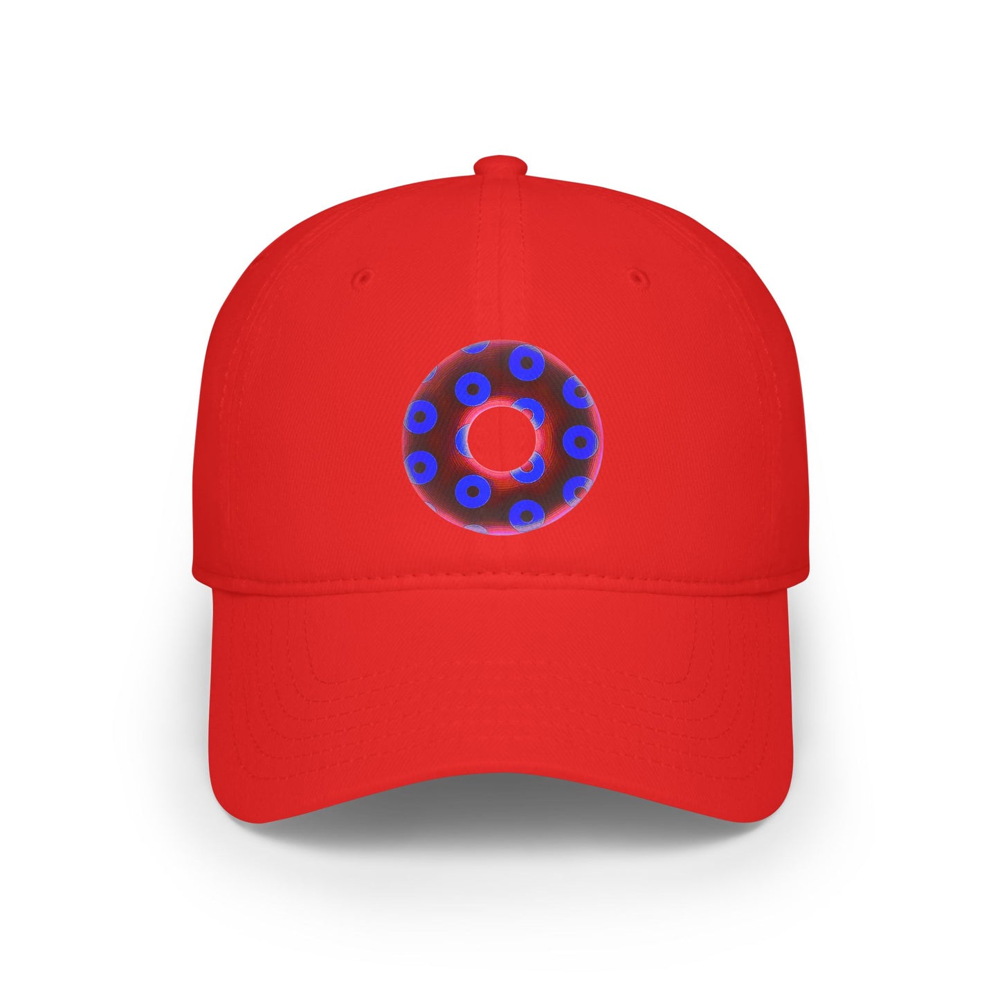 Lumpy Donut Baseball Cap - "Plain [Mary] Jane" - paradoxical dark red/royal blue blimpy donut w/