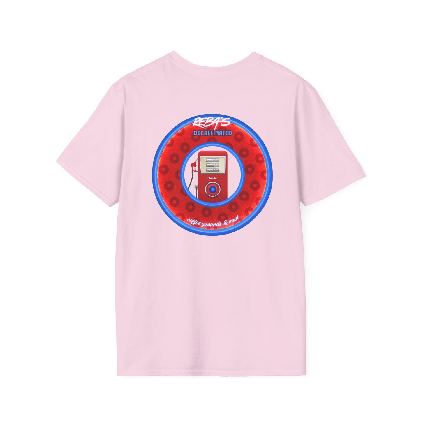 Coffee Traders Tee - Unisex Soft-Style - "Reba's Decaf: Coffee Grounds & Mud " - paradoxical donut - variant 2 - logo front/Reba back