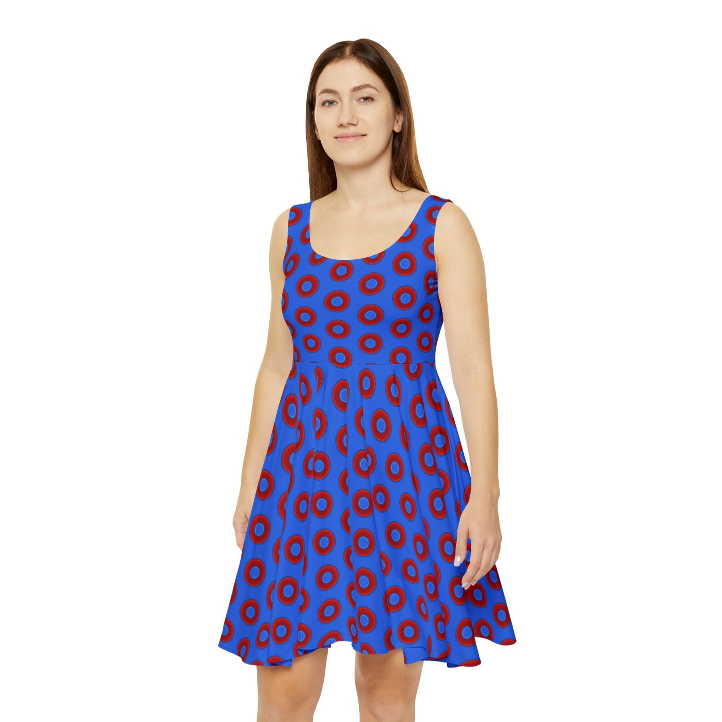 Women's Skater Donut Dress - vivid red donut print w/medium royal blue background
