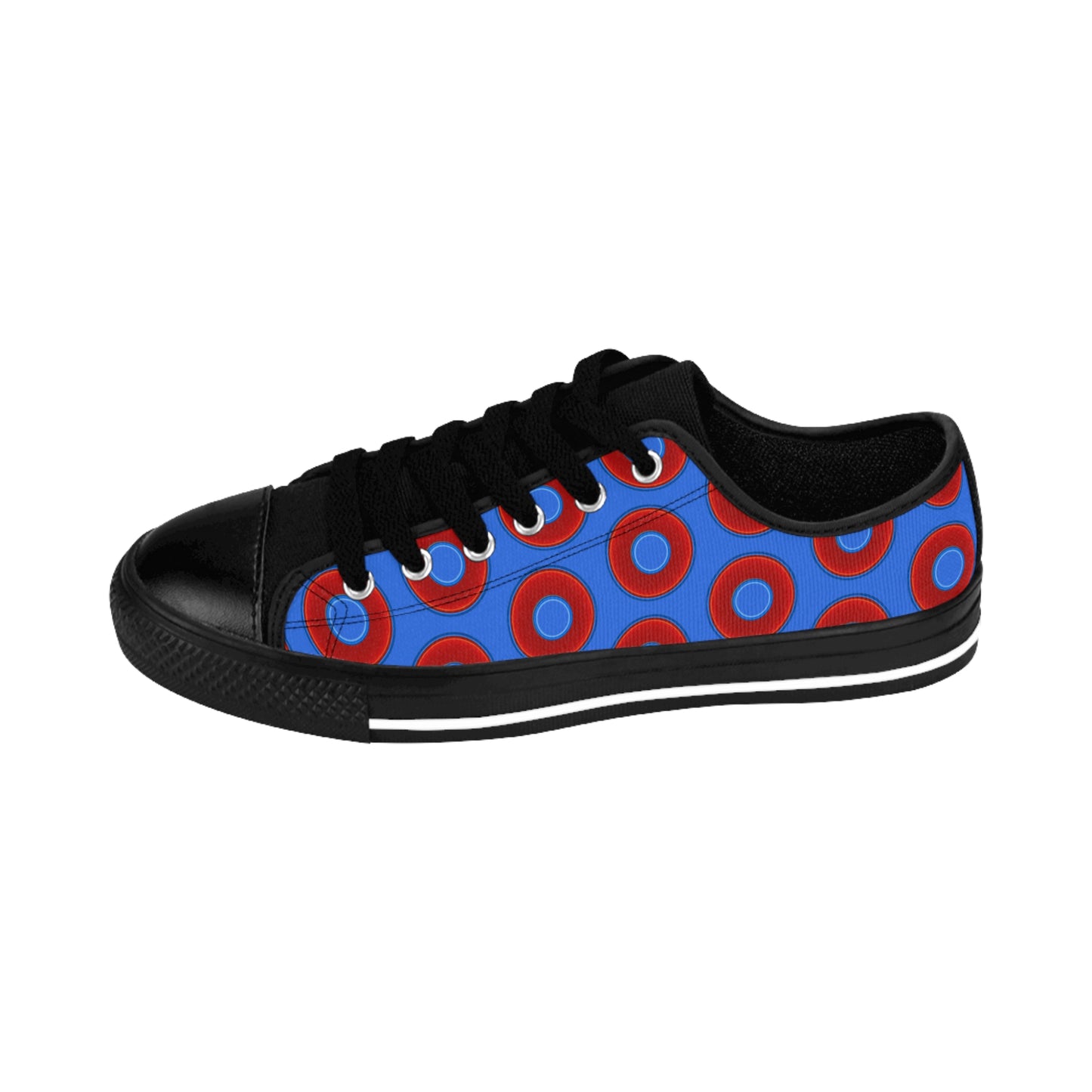 Men's Cushiony Convectors - Low Top - large red vivid donut print w/medium royal blue background