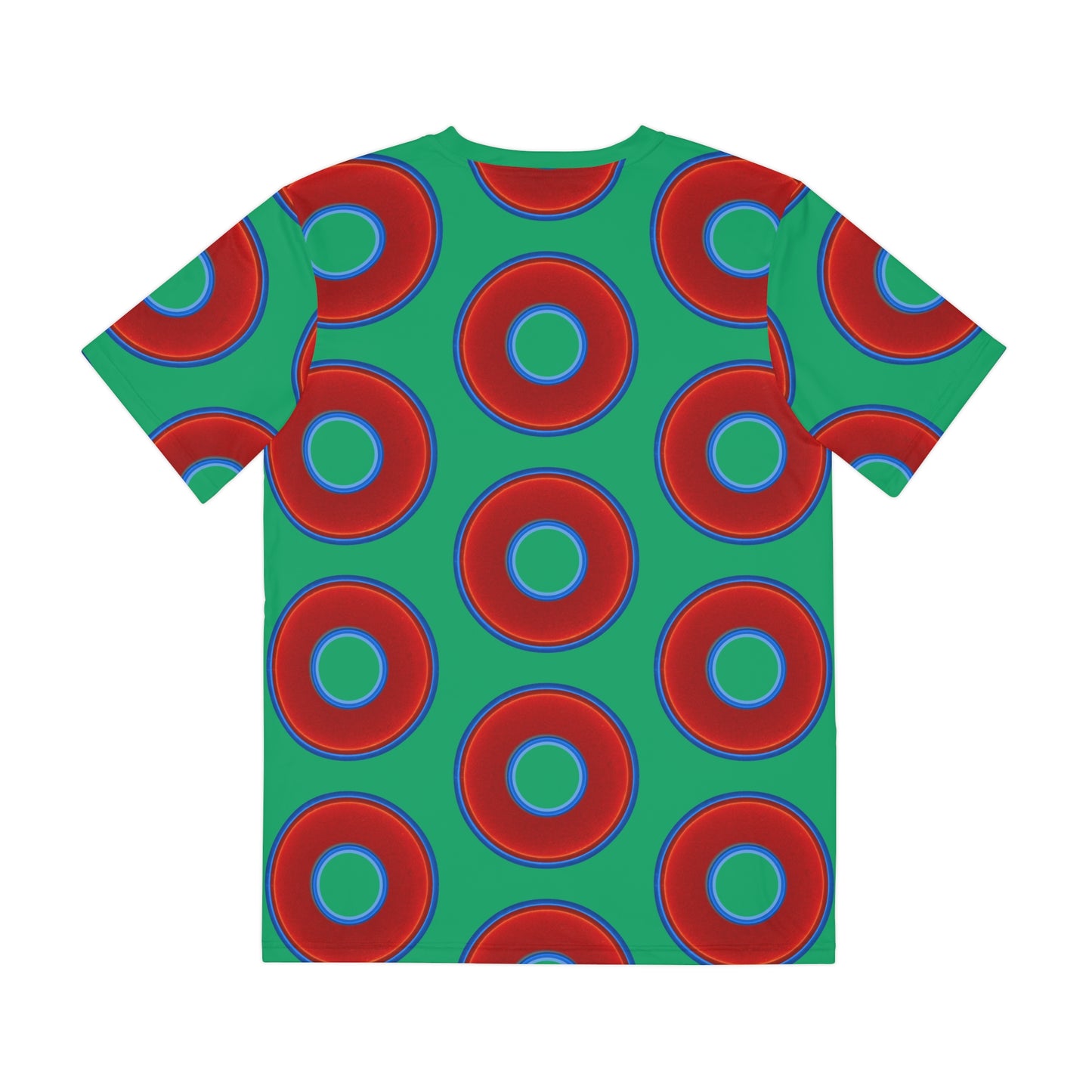 Multi-Beastie Giant Donut AOP Polyester Tee - red vivid donut print w/jade green background